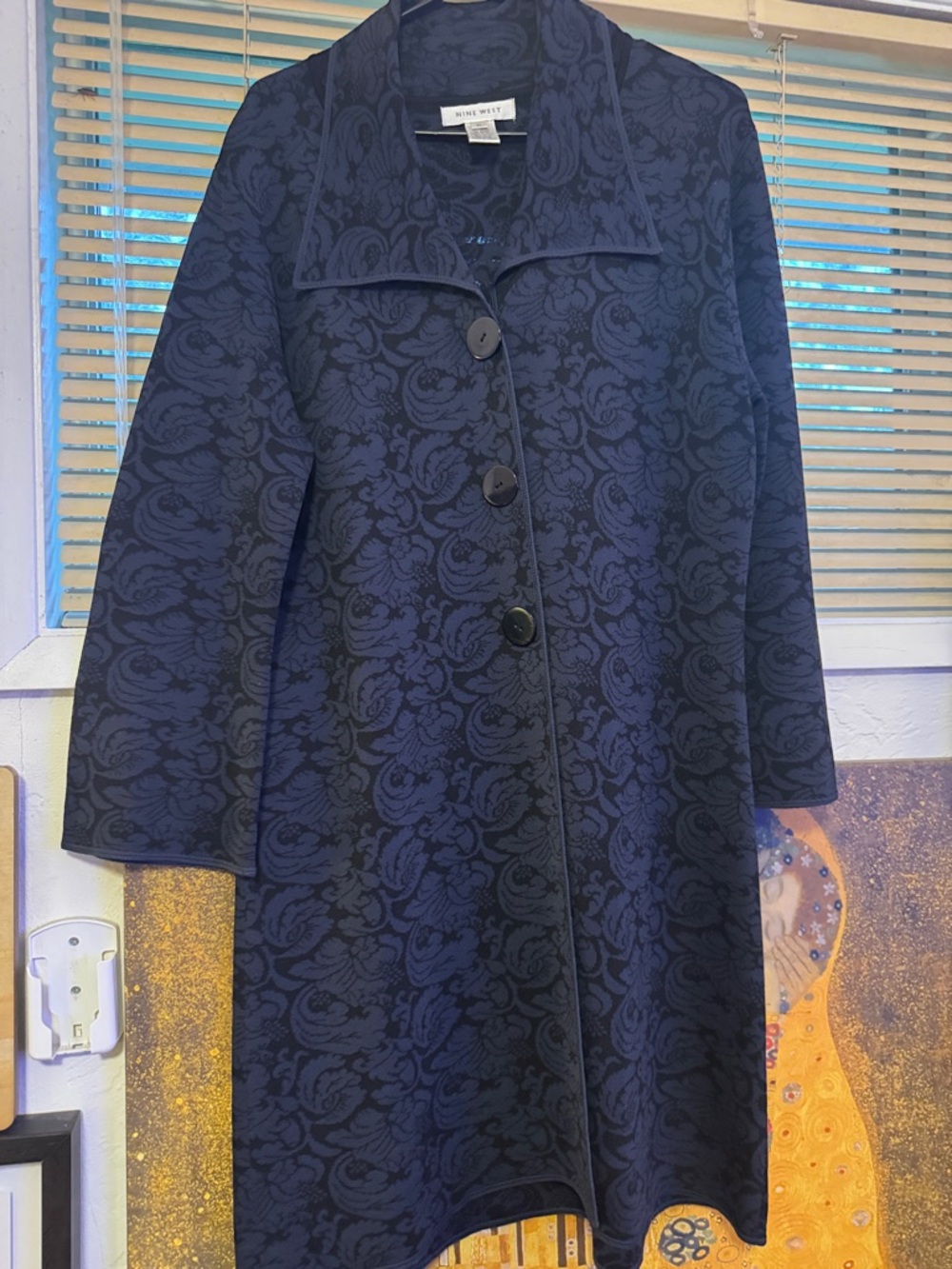 Nine West  Dark Blue Floral Jacquard Button-Front Coat